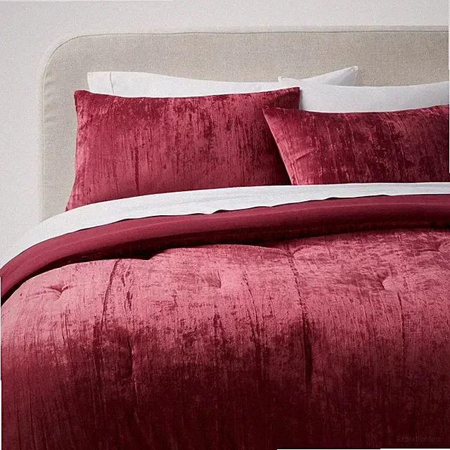 3pc Full/Queen Luxe Distressed Crinkle Velvet Comforter and Sham Set Berry Red