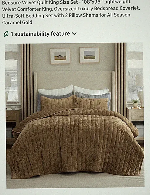 Bedsure Velvet King Quilt Set Caramel Gold 108x96 with 2 Pillow Shams