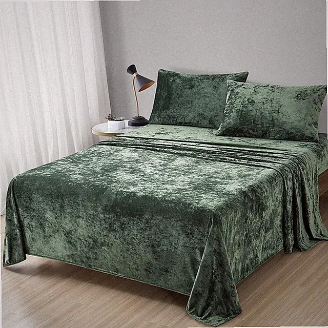 Black Green Distressed Velvet Sheet Set King 4 Piece Plush Ultra Soft Bedding
