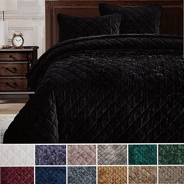Chezmoi Collection Lux 3-Piece Diamond Stitch Plush Distressed Velvet Quilt Set