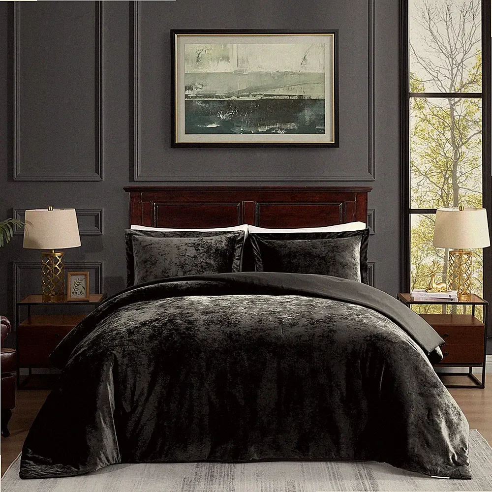 Crushed Velvet Comforter, Black Queen Comforter Set, Luxury Soft Velvet Bedding