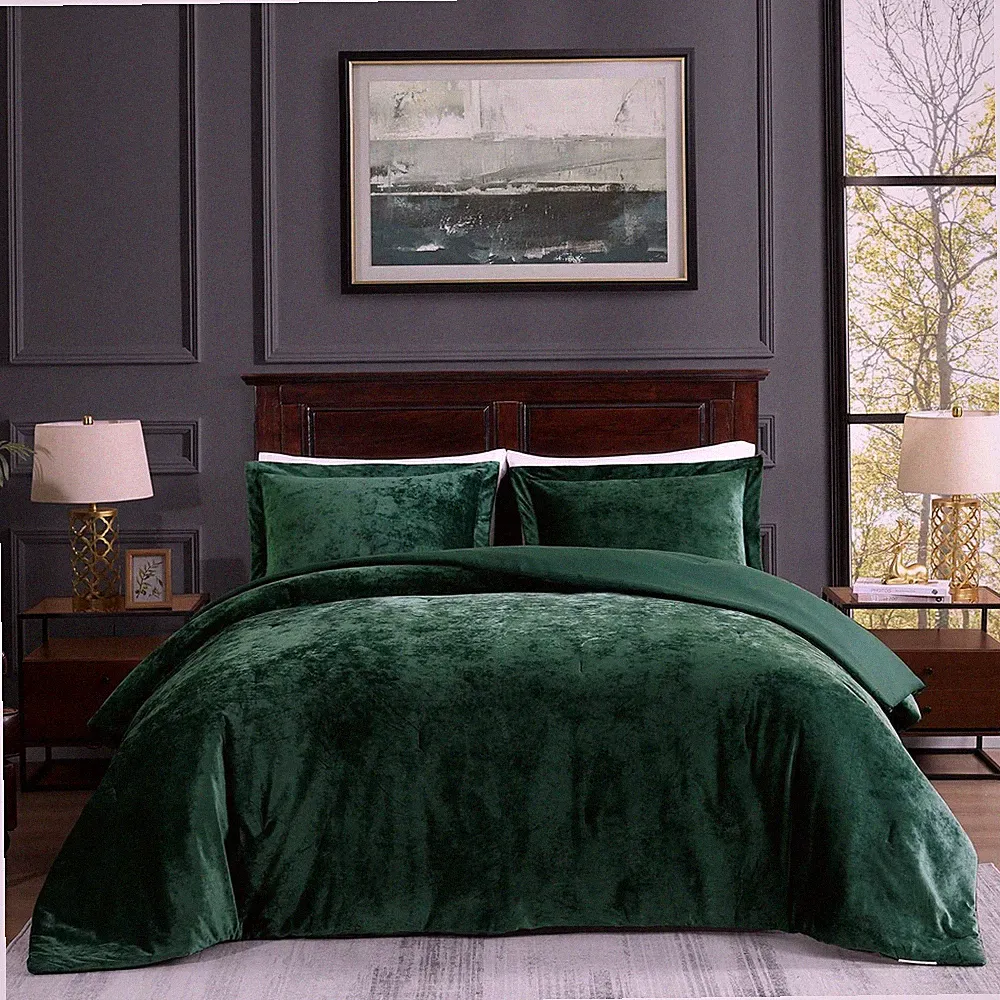 Crushed Velvet Comforter King Set, Dark Green Luxury Soft Velvet Bedding Set...