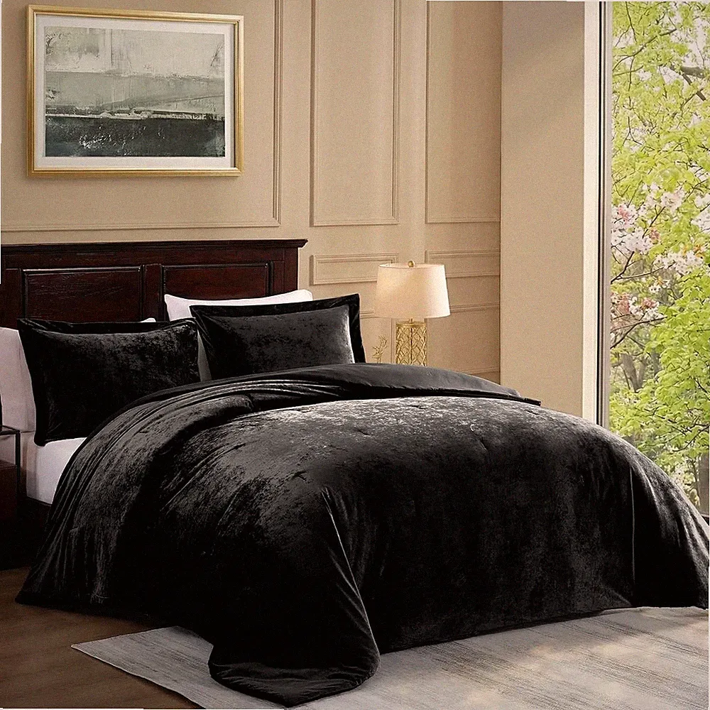 Crushed Velvet Queen Comforter Set, 3-Piece, Luxury Soft Black Bedding