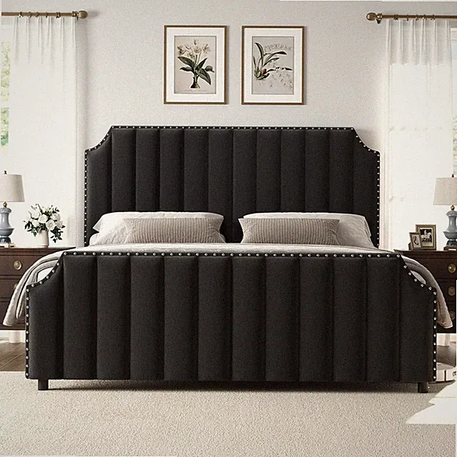 Elegant Black Velvet Queen Platform Bed Frame with Tall Tufted Headboard