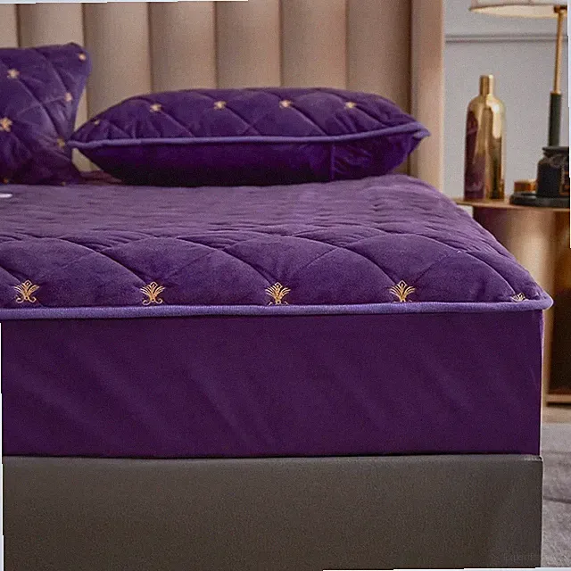 Embroidery Mattress Cover Thicken Soft Velvet Quilted Protector Fitted Sheet