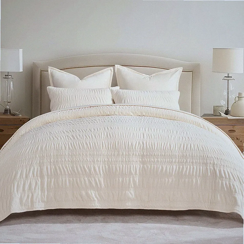 EverGrace Velvet Quilt Set Full/Queen 90x92 Ruched Bedding 3PC Cream White NEW