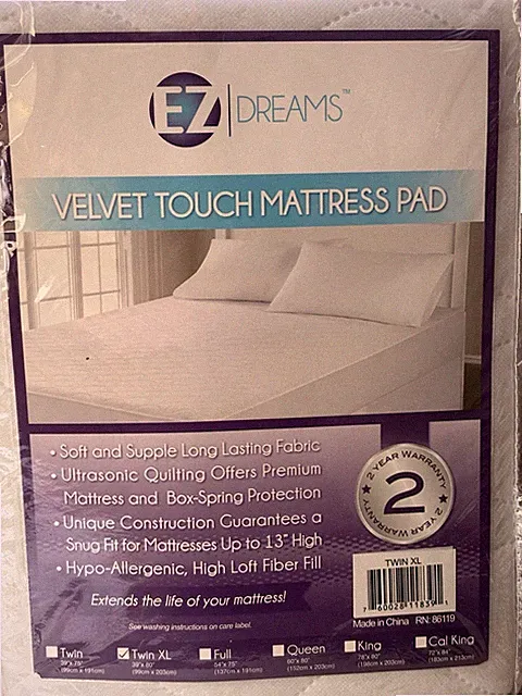 EZ DREAMS Velvet Touch Mattress Pad. BRAND NEW. TWIN XL Fitted for up to 13" HI.