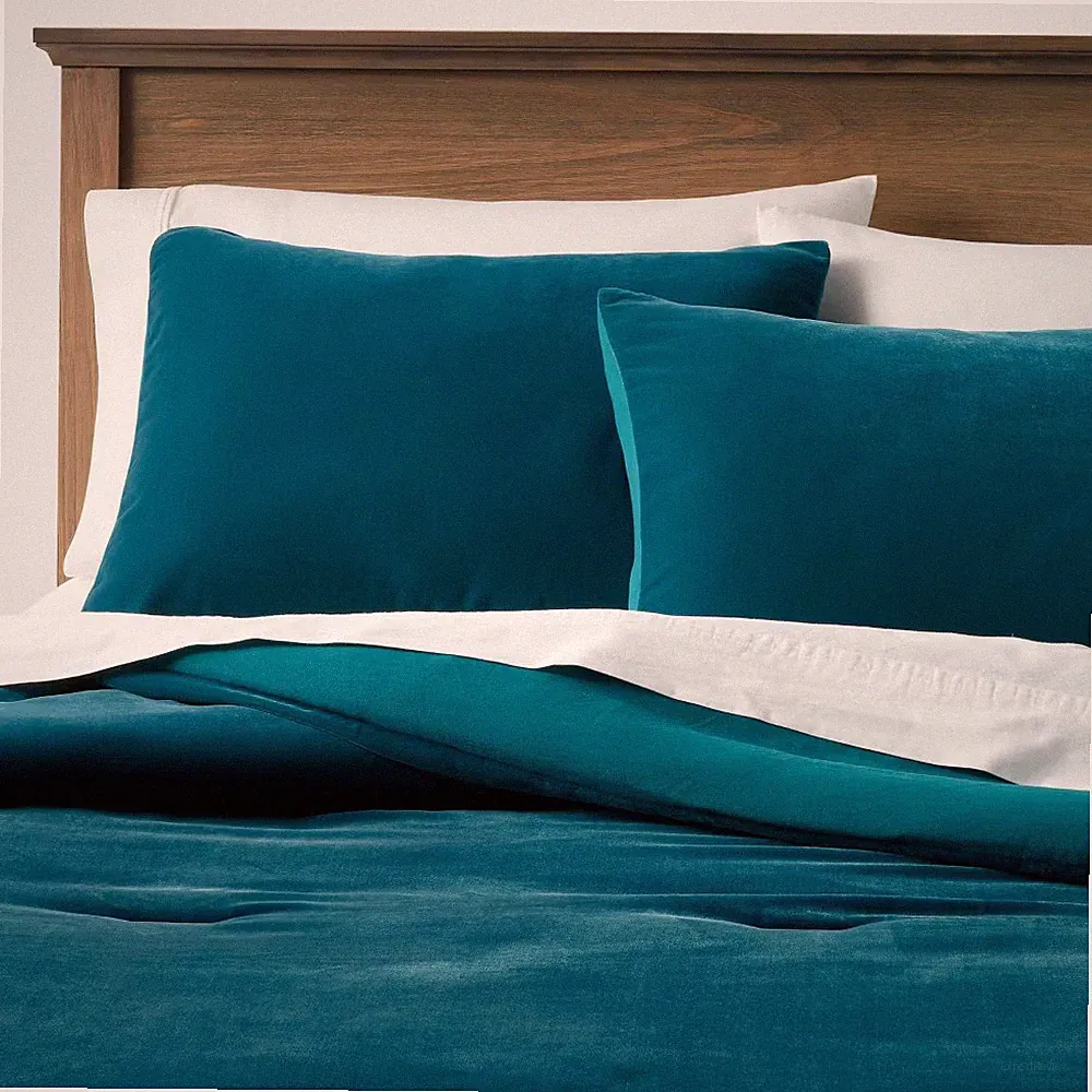 Full/Queen Lustrous Velvet Comforter & Sham Set Dark Teal Blue - Threshold