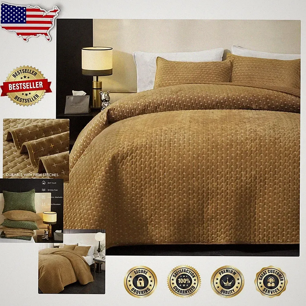 King Size Velvet Quilt Set Brown - Luxurious Cross Stitch Bedspread w/ Shams