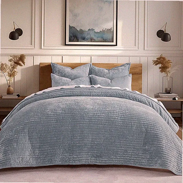 Luxurious Velvet King Quilt Set, Soft Striped Comforter & Shams, Blue Linen
