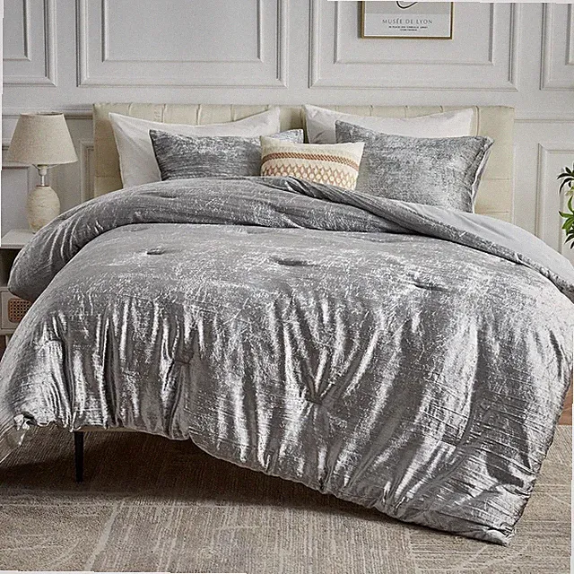 Luxury King Size Silver Velvet Comforter Set, 3-Piece Soft Microfiber Bedding