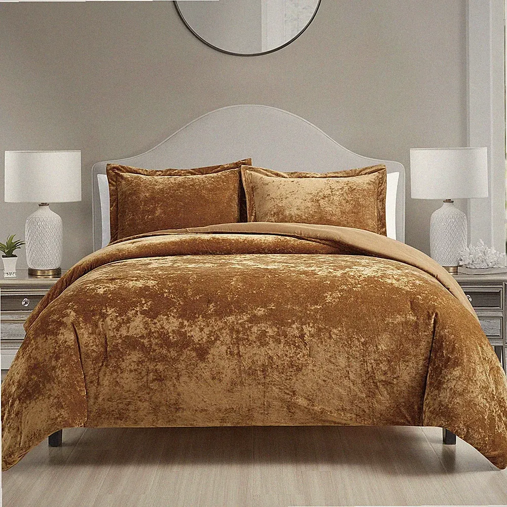 Luxury Velvet King Size Comforter Set, 3 Pieces Reversible Brushed Solid Micr...