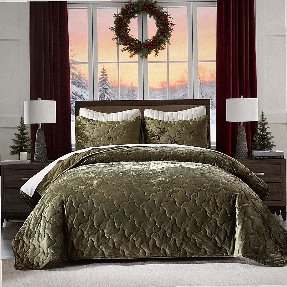 Luxury Velvet Quilt Set King Size Bedding, Olive Green Comforter Set, Ultra-S...