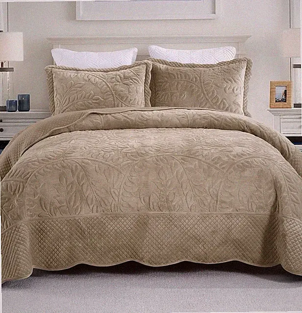 MarCielo Embroidered Velvet Quilt Set with 2 Pillow Shams Soft Queen Camel