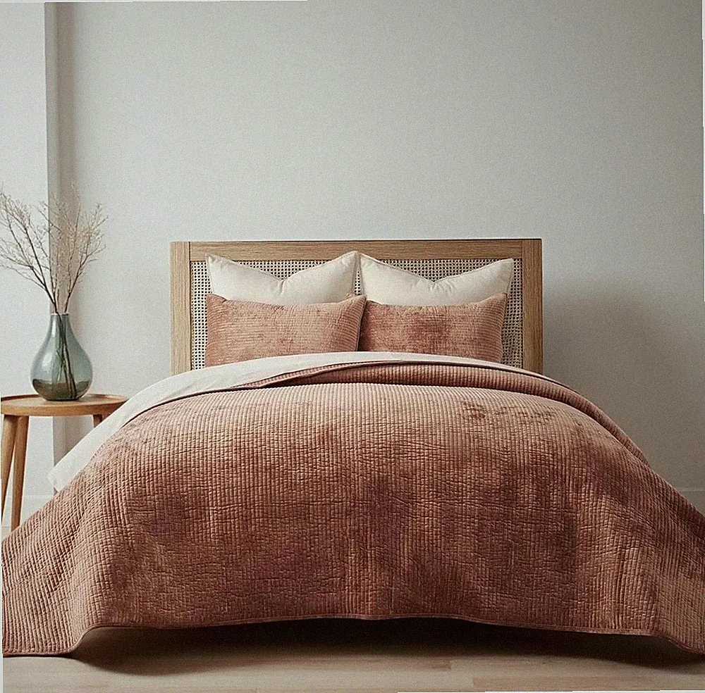 NEW West Elm Velvet Terracotta Clay Queen / King Bedding Comforter & Sham Set
