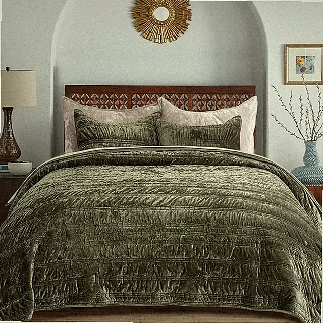 Olive Green Velvet Quilt King Set Ruched Soft Bedspread 3Pc Lightweight