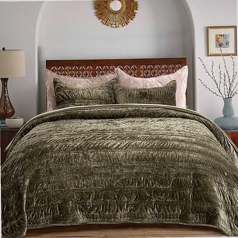 Olive Green Velvet Quilt King Size Set Ruched Bedspread 2 Shams All Season