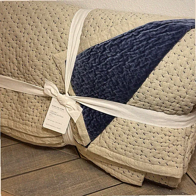POTTERY BARN VELVET CROSS STITCH QUILT, KING/CAL KING ~ MIDNIGHT LAPIS BLUE