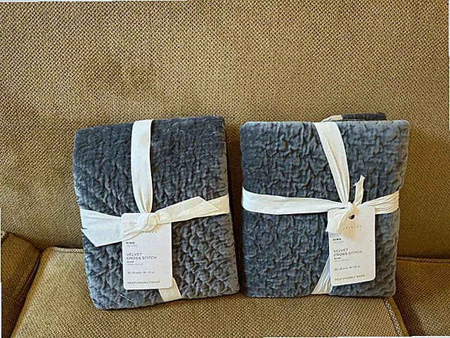 Pottery Barn Velvet CROSS STITCH SET OF 2 Quilted KING Shams STEEL BLUE NEW tags