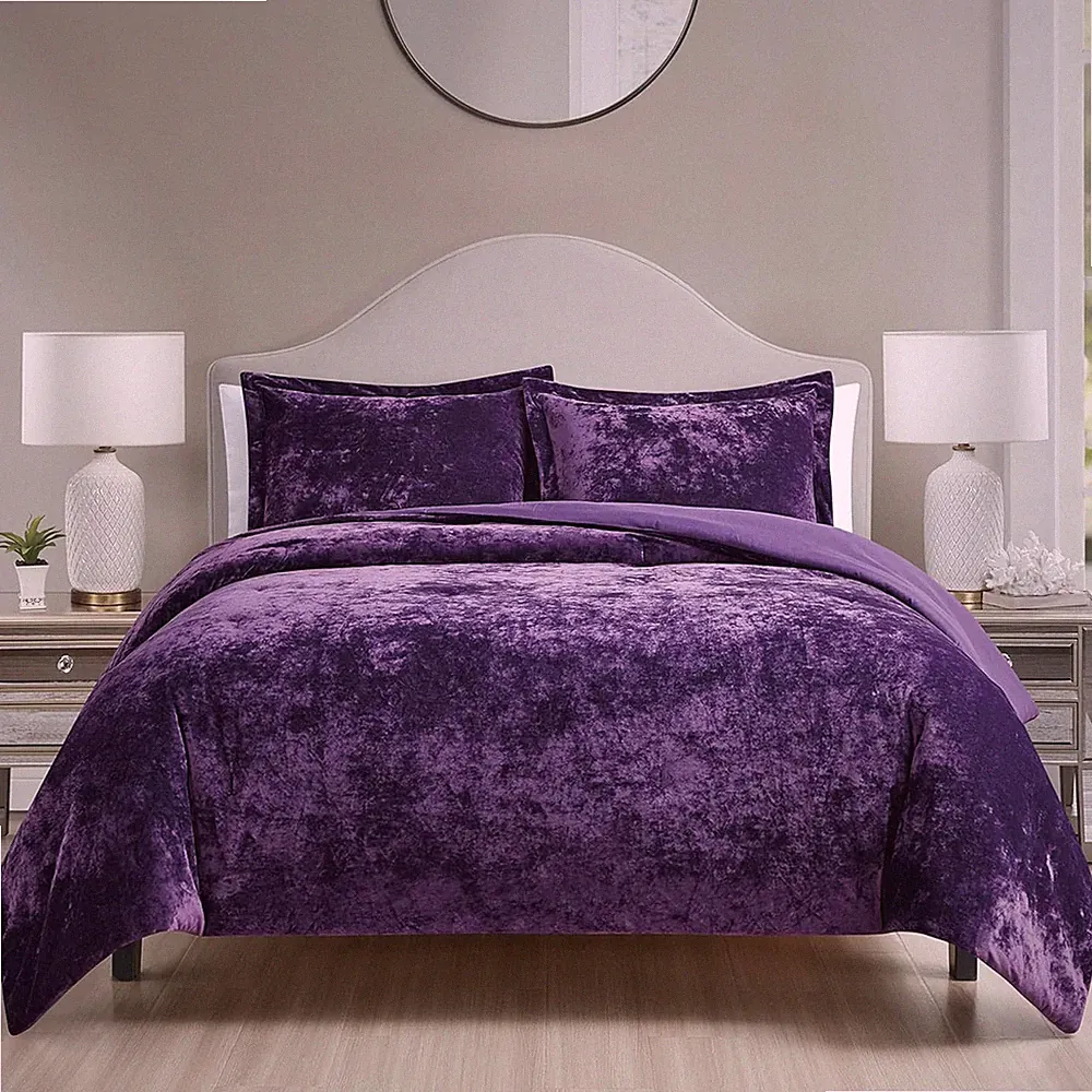 Reversible Luxury Velvet Queen Comforter Set with Pillow Shams - Purple