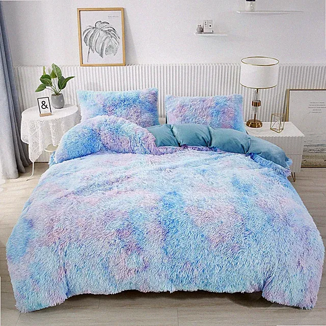 RYNGHIPY Super Soft Fuzzy Faux Fur Duvet Cover Set, Blue Tie Dye Plush & Velvet