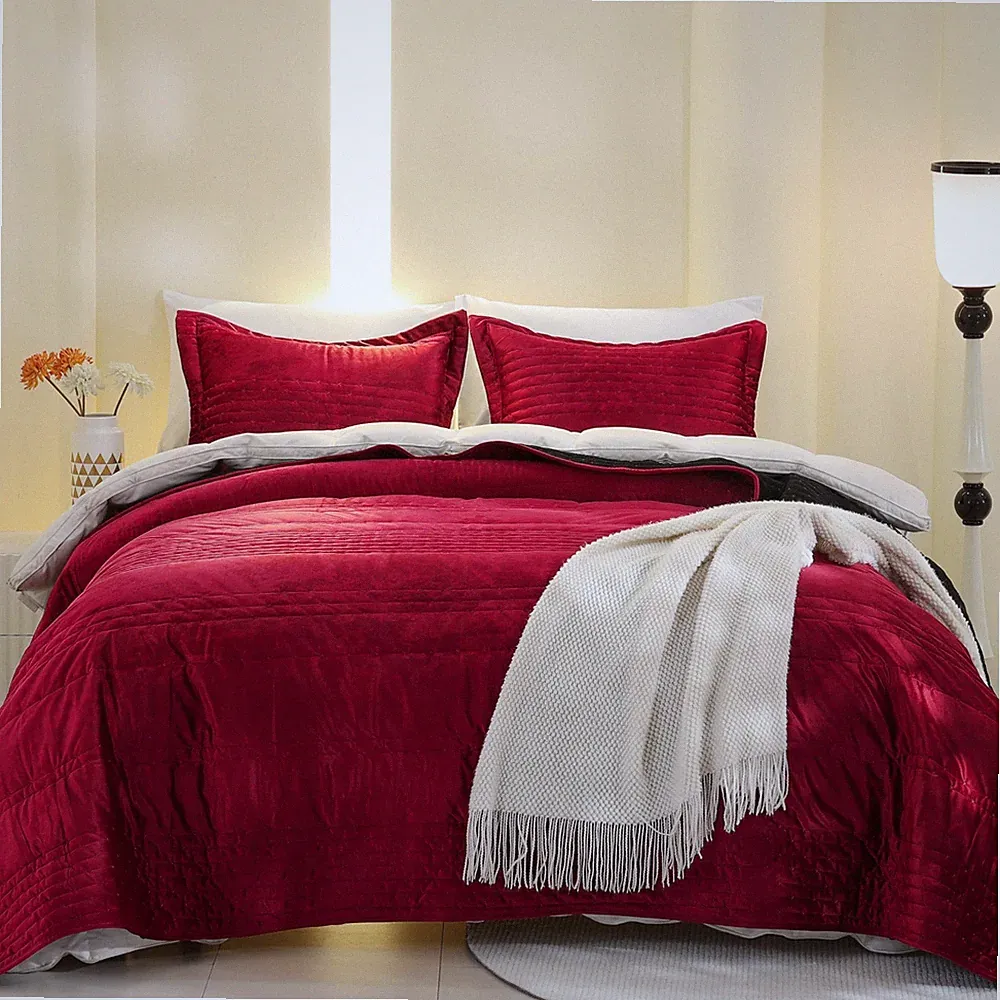 Ultra Soft Luxury Velvet Quilt Set Breathable Comforter Bedding Bedspread