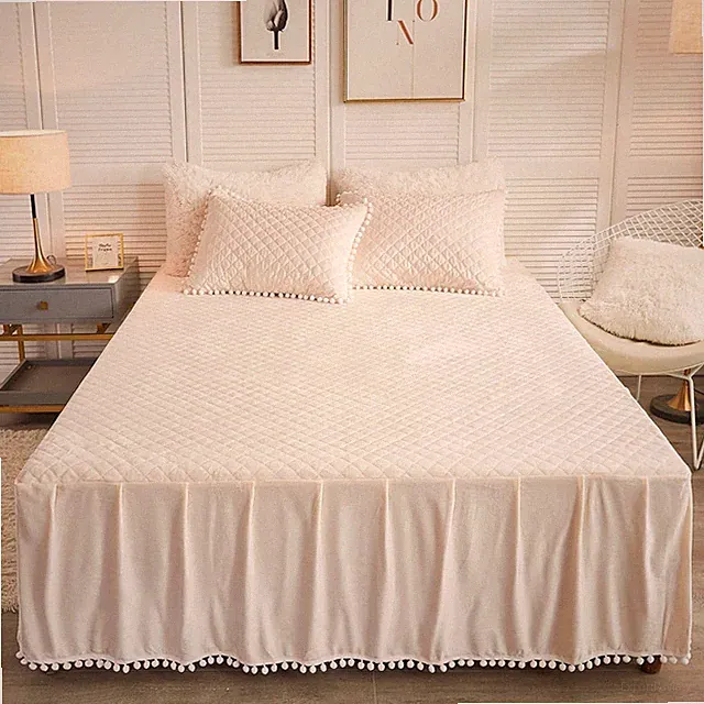 Velvet Bed Skirt with Pom Poms, 18" Drop, Full/Queen, Beige