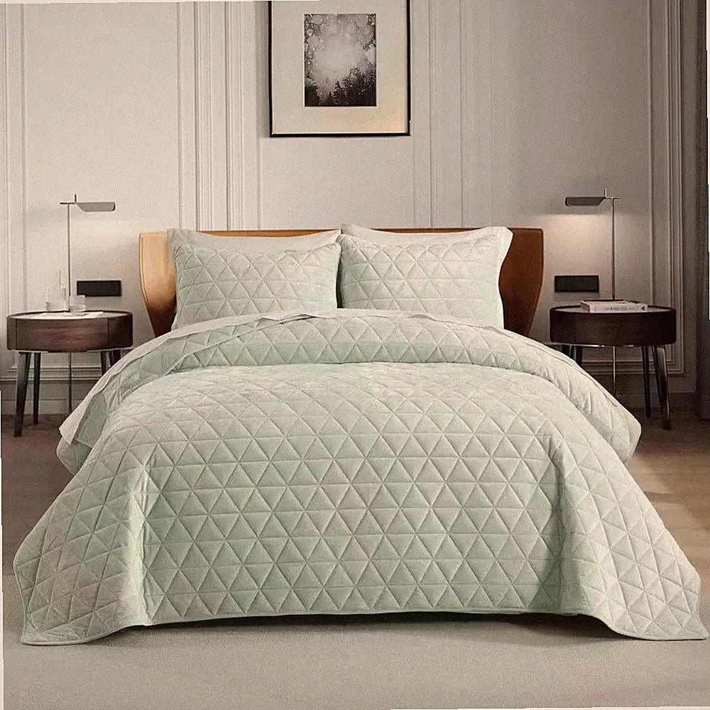Velvet King Size Comforter Set 3pcs Luxury Light Green Quilt & Pillow Shams