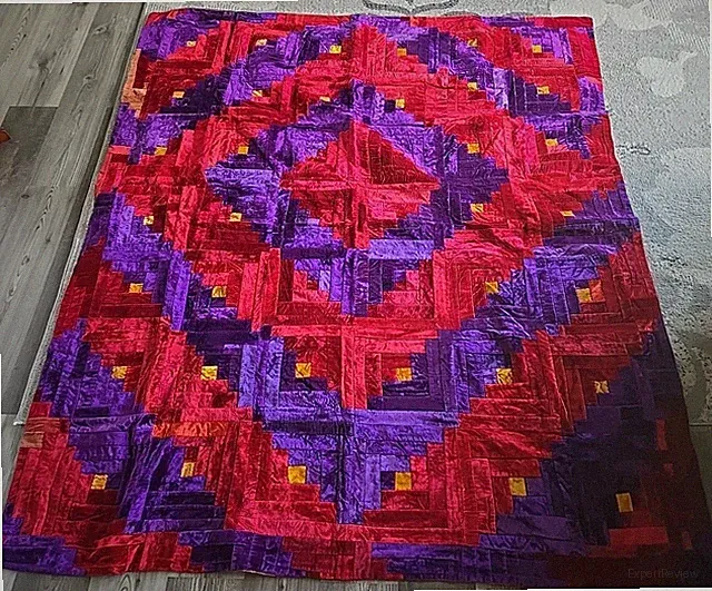 Vintage Patchwork Quilt Antique Velvet Diamonds 50s Zig Zag Geometric Large!!!