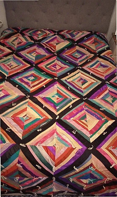 Vintage Patchwork Quilt Satin Velvet Diamonds 90s Signed PHOTOS Cond. 80" X 100"