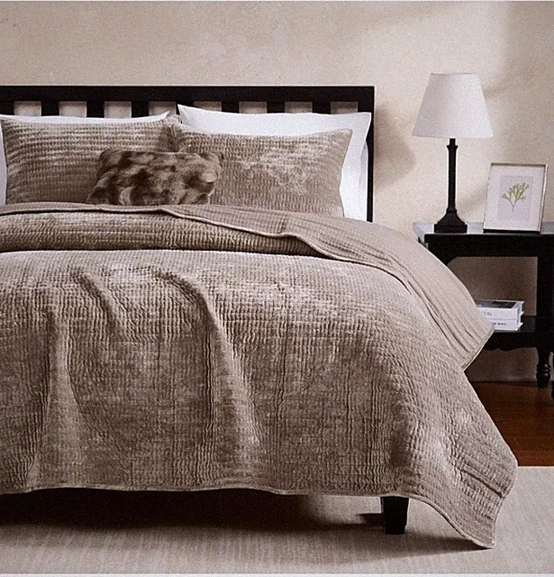 WDCOZY Velvet King Size Quilt Set - Brown Taupe Tan Camel Striped Pick Stitch